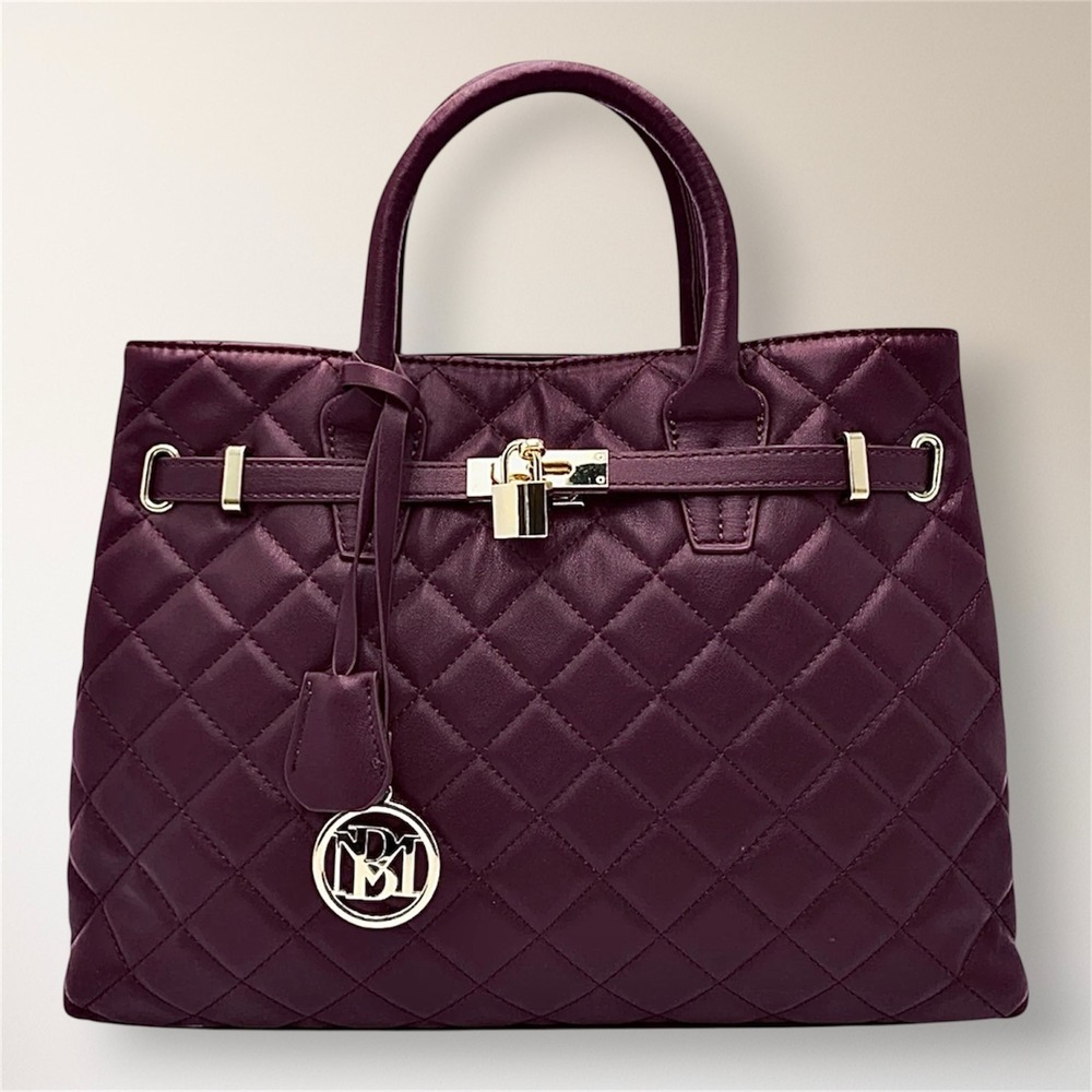NWT Badgley Mischka Burgundy Quilted Tote Satchel Gold Lock Vegan Leather Travel